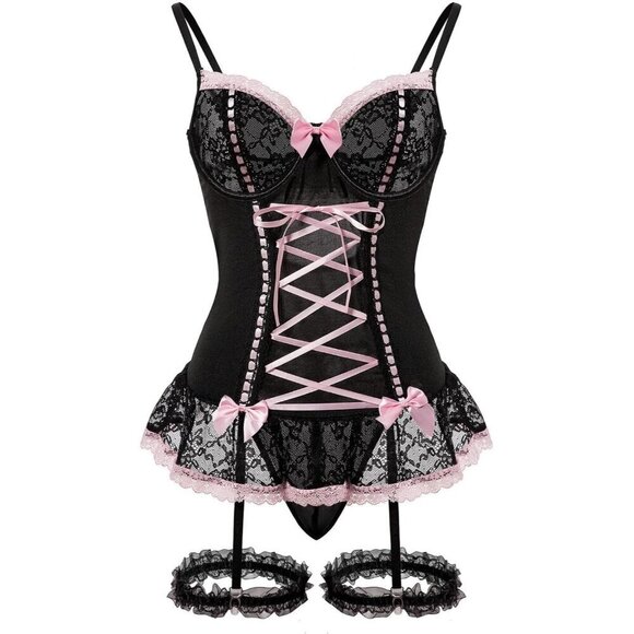 Other - Sexy Mesh Corset Ruffle Lingerie Set 3 Piece Underwire Garter Babydoll